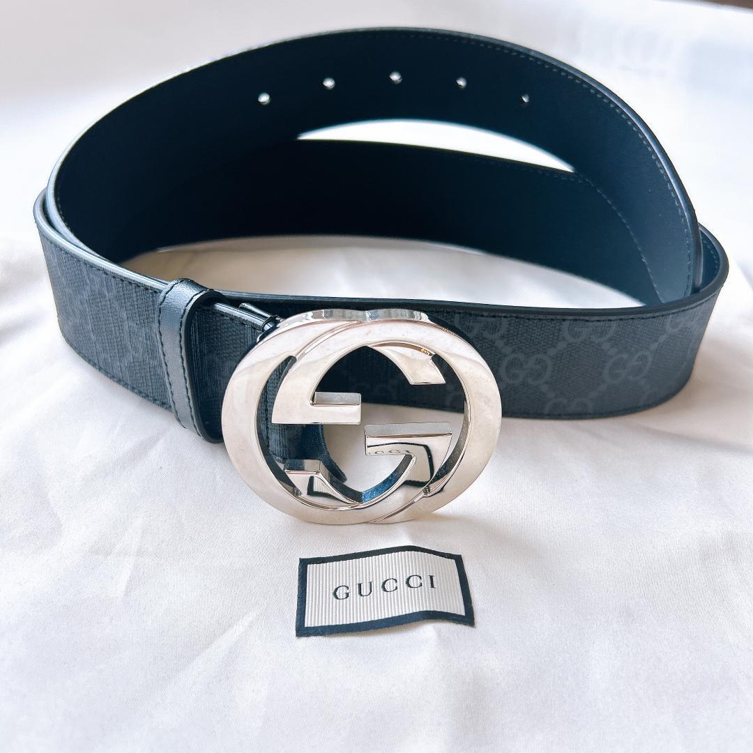 ほぼ未使用　グッチ　シマ インターロッキングG ベルト 85 GP×革 ブラック