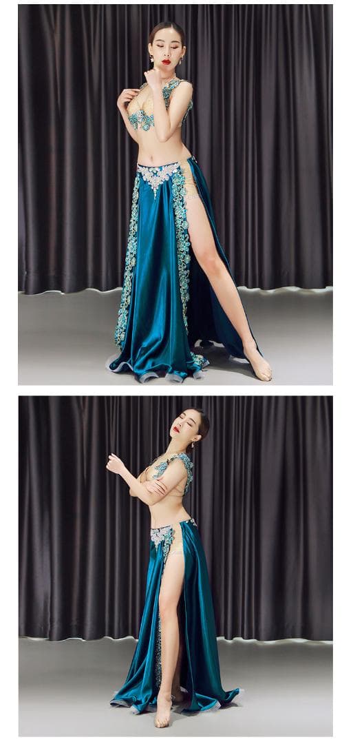 ベリーダンス衣装 ベロア調ビジュー ロングスカートピンク舞台ステージ用