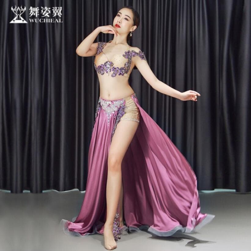 ベリーダンス衣装 ベロア調ビジュー ロングスカートピンク舞台ステージ用