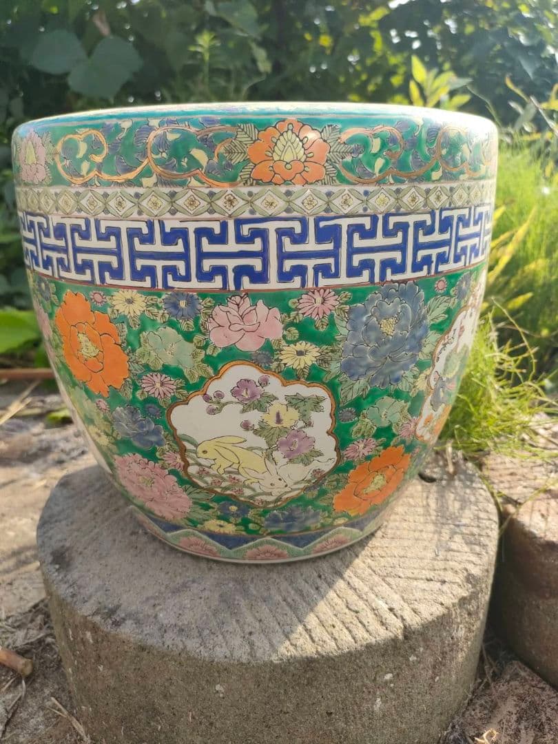 ★色絵 金襴手 火鉢　手焙 兎 孔雀 花鳥山水文 　古具　アンティーク