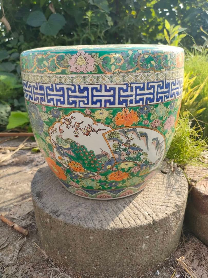 ★色絵 金襴手 火鉢　手焙 兎 孔雀 花鳥山水文 　古具　アンティーク