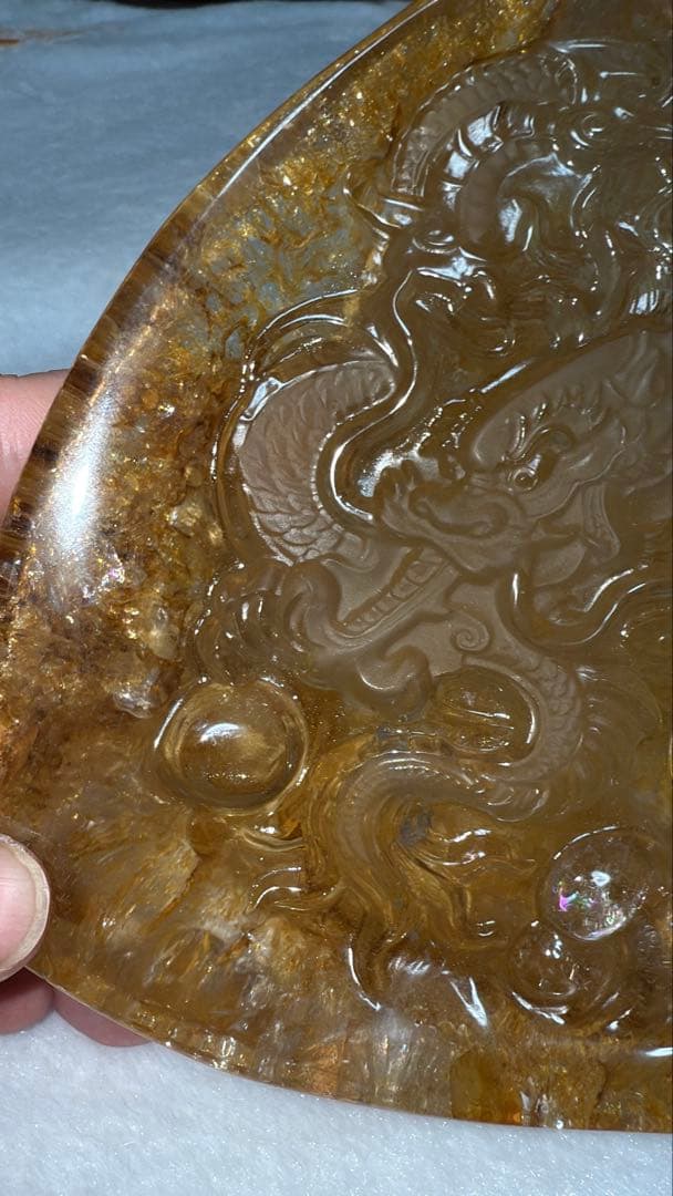 彫刻原石龍神様 宝珠 陰陽太極図 雲文 ゴールデンヒーラー リモナイト 虹 置物
