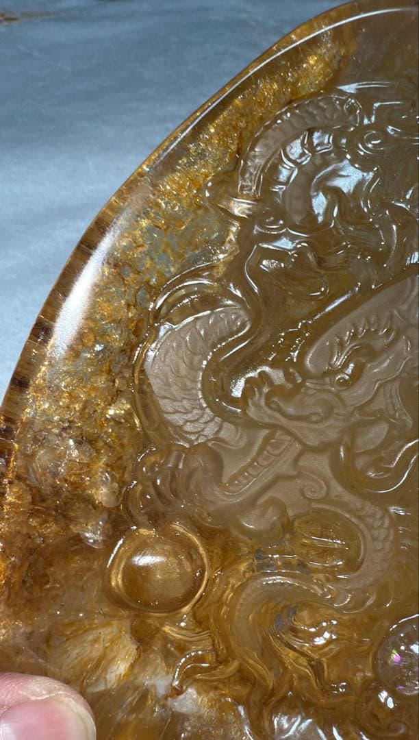 彫刻原石龍神様 宝珠 陰陽太極図 雲文 ゴールデンヒーラー リモナイト 虹 置物