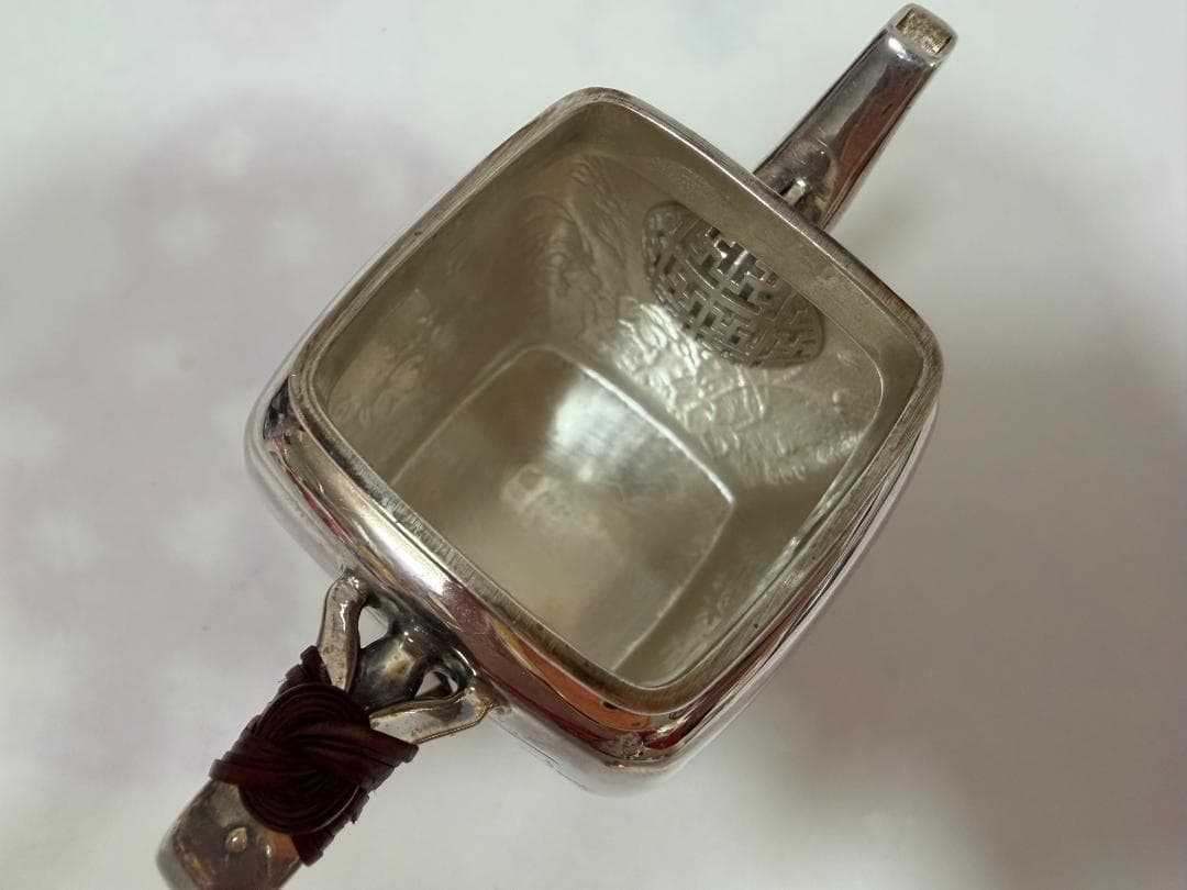 純銀製 四面取 草花文様 玉石摘 急須 銀瓶 煎茶道具