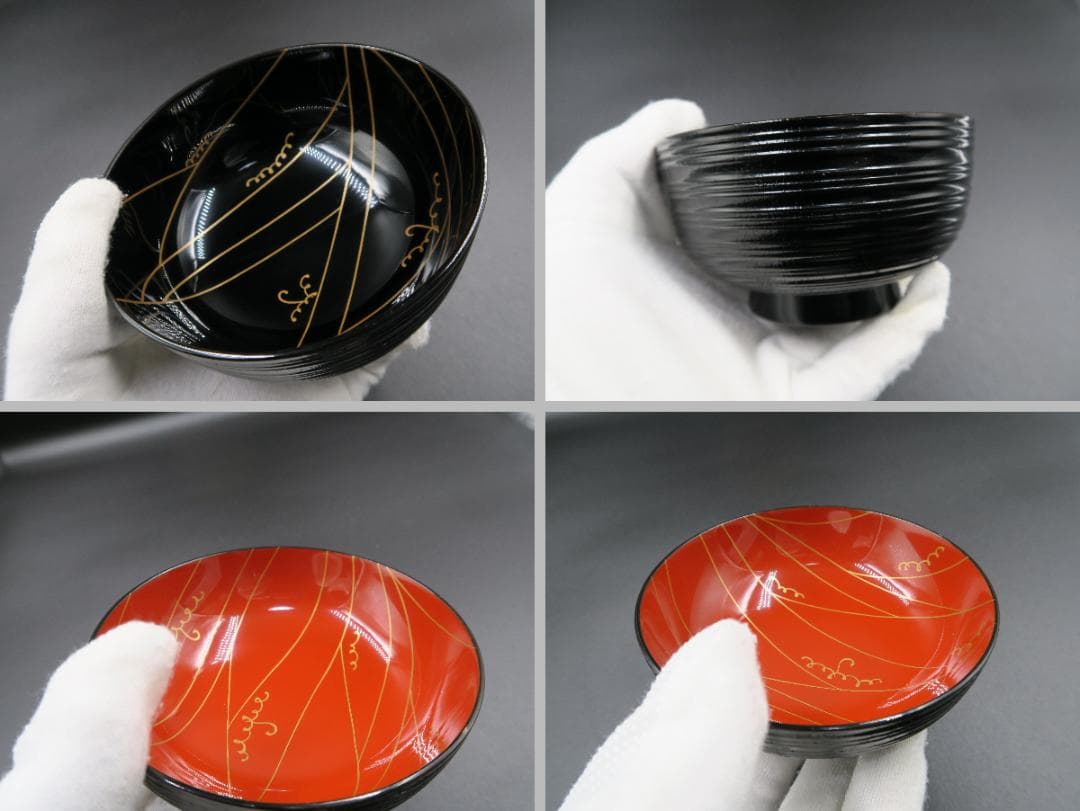 【輪島塗】輪州造 日之出蕨波（わらびなみ）蒔絵 椀 五客揃 天然木 共箱