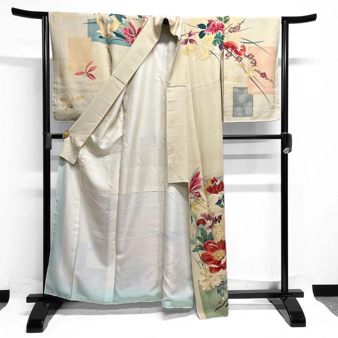 アンティーク　訪問着　刺繍　花模様　菊　百合　蘭　梅　紋無し　着物　112b d