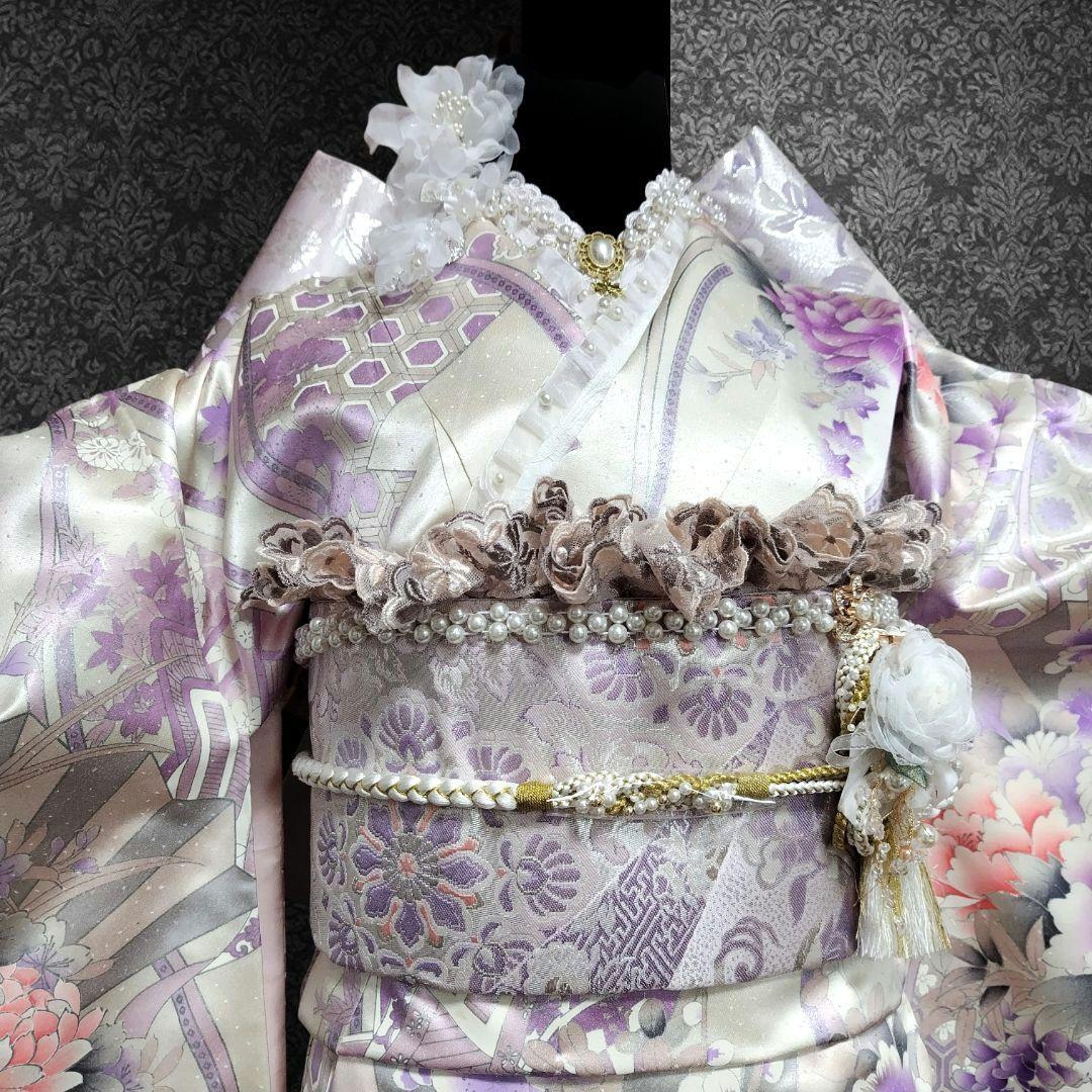 振袖フルセット(12点)・成人式・くすみ・豪華刺繍・銀彩加工・大輪牡丹・正絹