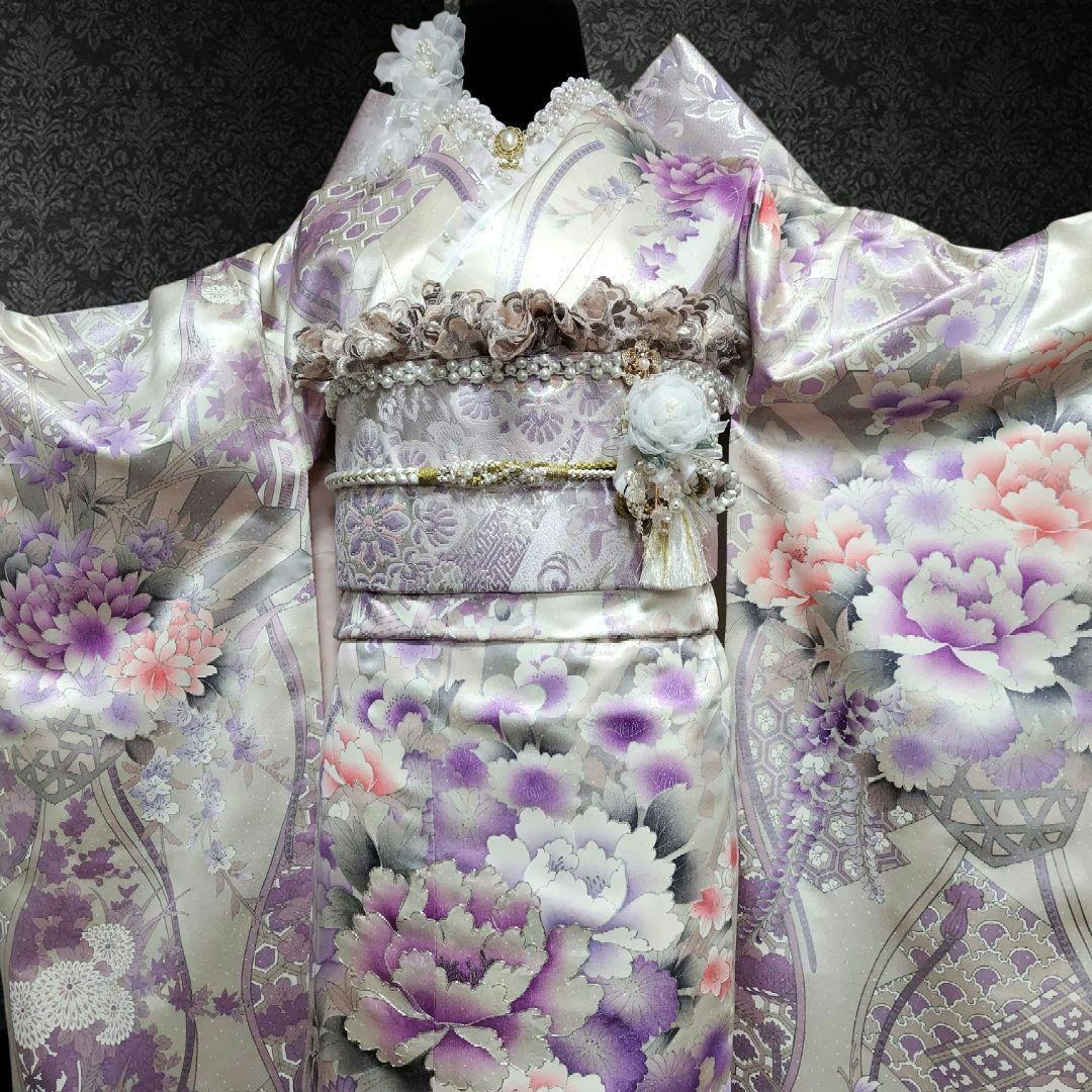 振袖フルセット(12点)・成人式・くすみ・豪華刺繍・銀彩加工・大輪牡丹・正絹
