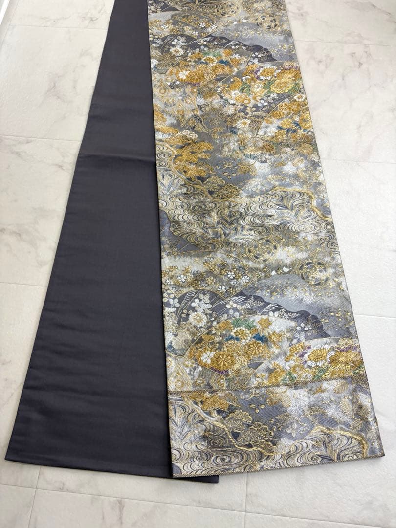 袋帯 六通 扇 松 菊 紅葉 牡丹 流水 唐織 刺繍