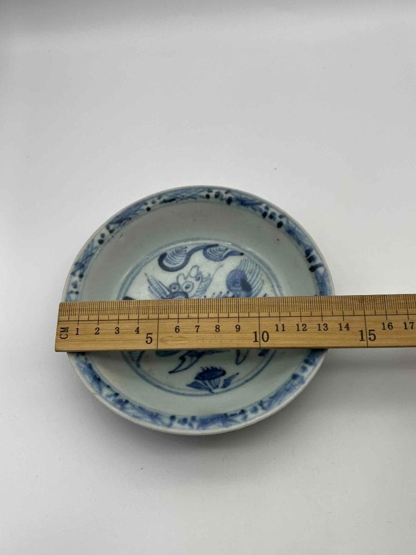 明時代　染付 青花神獣文盤　麒麟文古染付皿 唐物　古賞物　時代物(D-76)