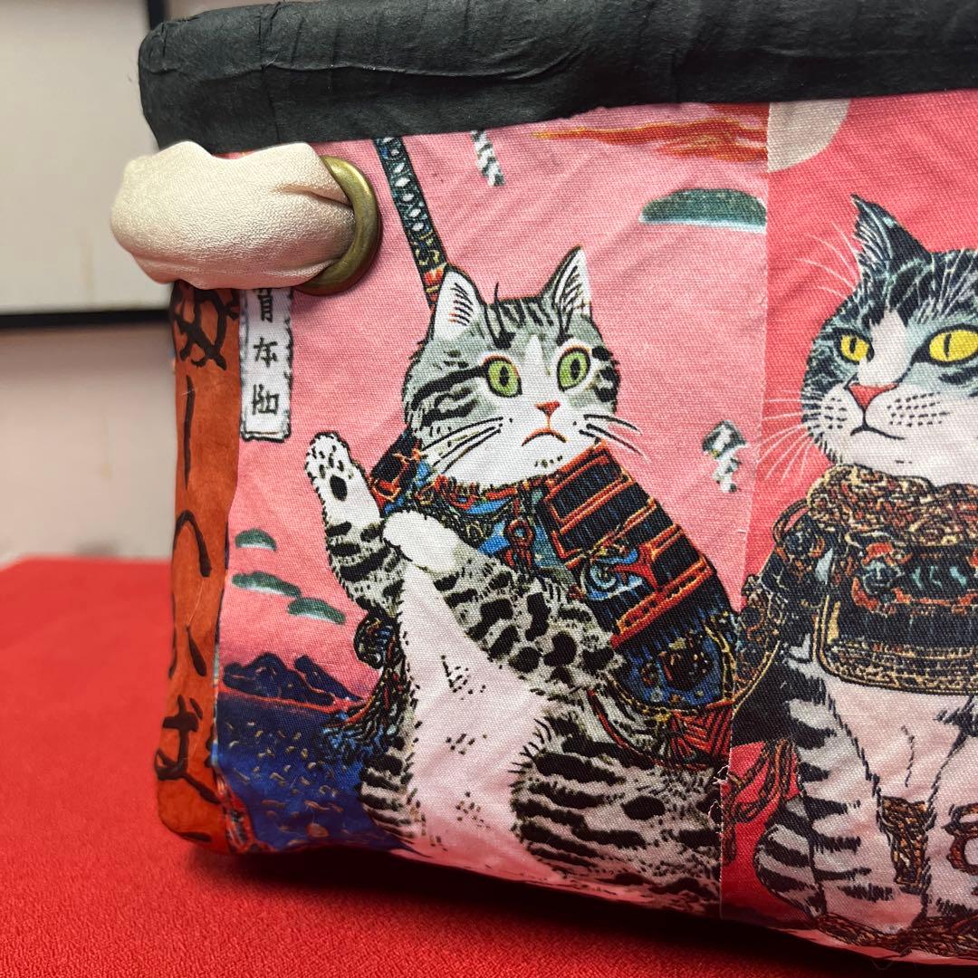 和猫 一閑張り バッグ かごバッグ ハンドバッグ 花 浮世絵 和柄 小さめ