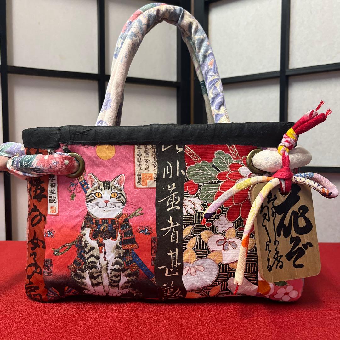 和猫 一閑張り バッグ かごバッグ ハンドバッグ 花 浮世絵 和柄 小さめ