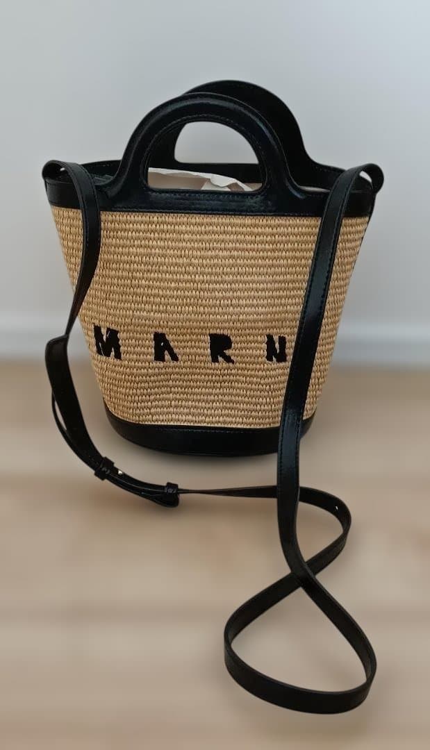 MARNI ロゴ ストロー&レザー ショルダーバッグ ベージュ×黒