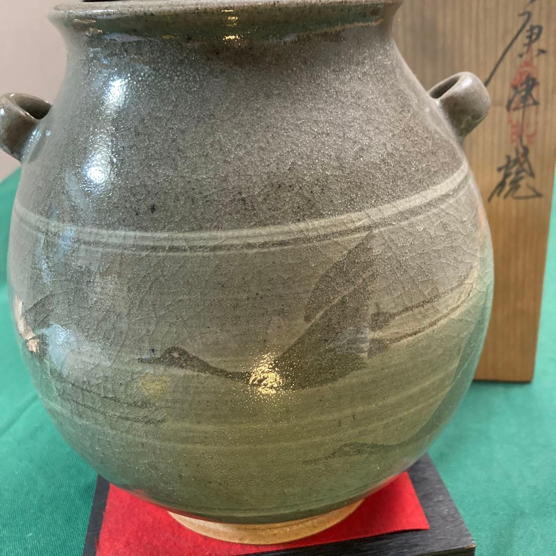 美品　唐津焼 宸山窯 鶴 壺 花器 木箱　共箱 久峰陶苑　送料無料　骨董　和風