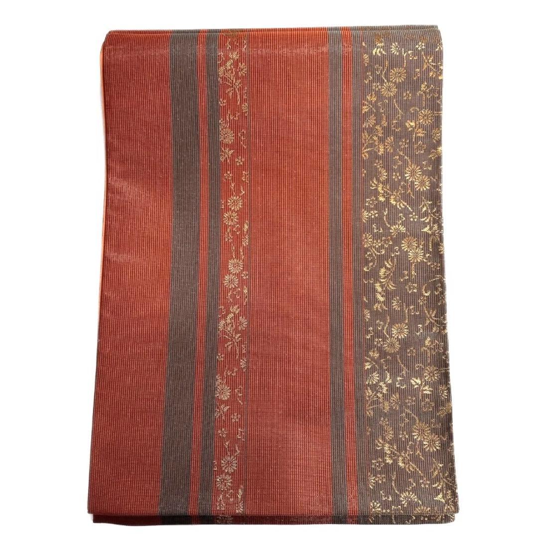 未着用　本場筑前博多織　京袋帯　菊花　縦縞　証紙付き　着物　103b d