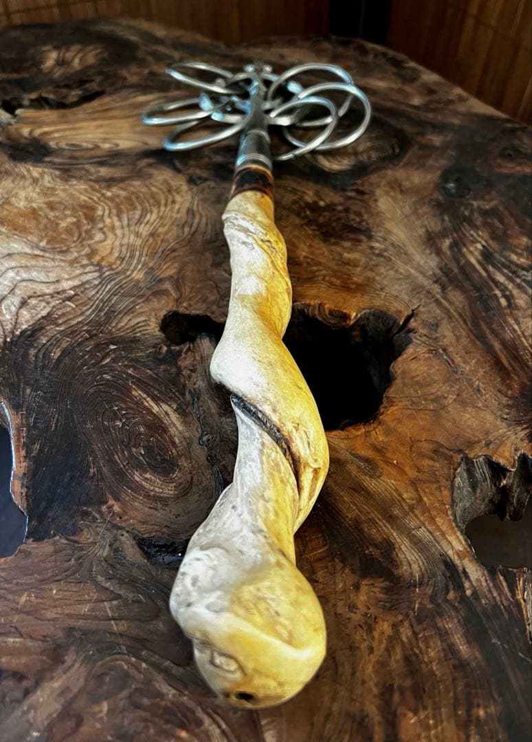 仏教美術 時代 密法 法具 希少 螺旋柄木 真鍮製 六貫 錫杖 雲海大峯 焼印