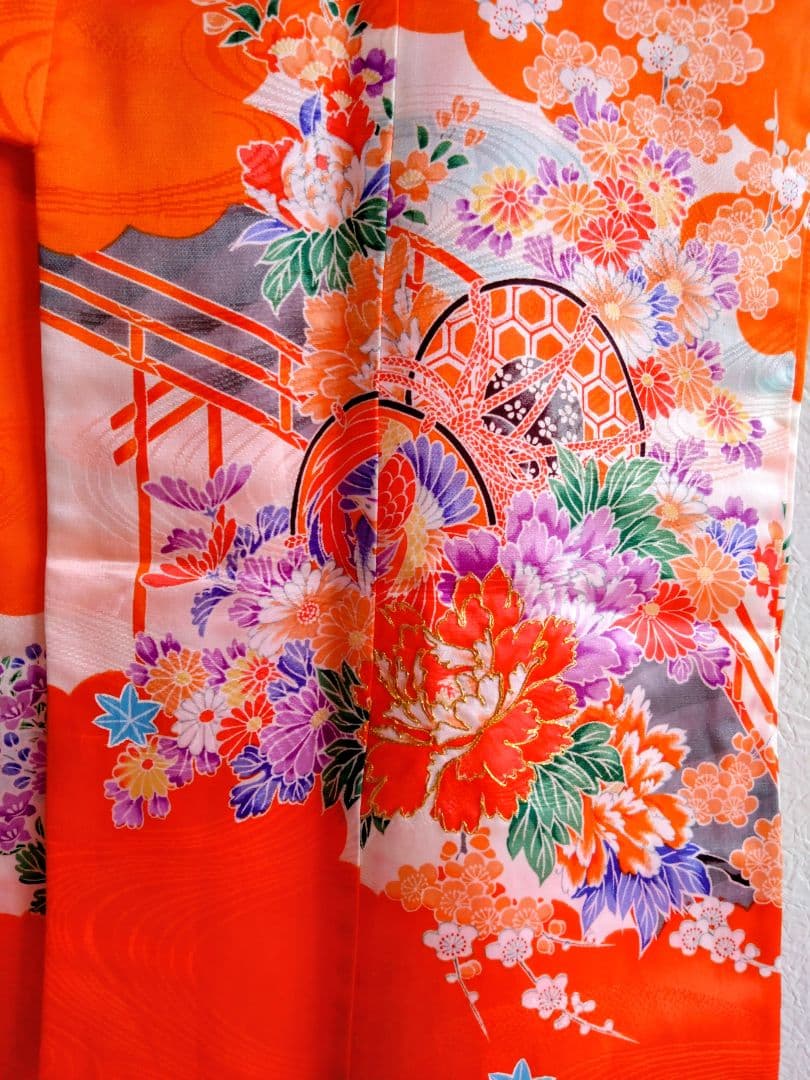七五三オレンジの華やかな花柄着物 帯・帯締め・バック・草履・その他フルセット