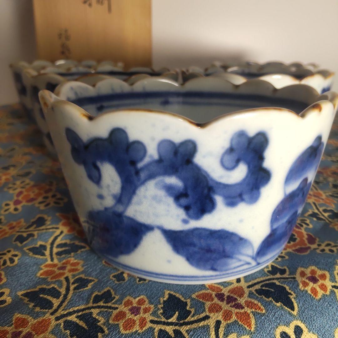 有田焼 福泉窯 染付 果実 小鉢 輪花 5個 木箱付