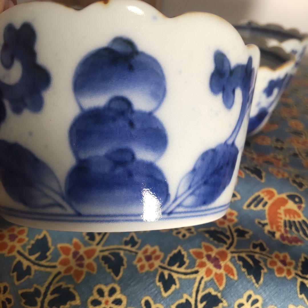 有田焼 福泉窯 染付 果実 小鉢 輪花 5個 木箱付