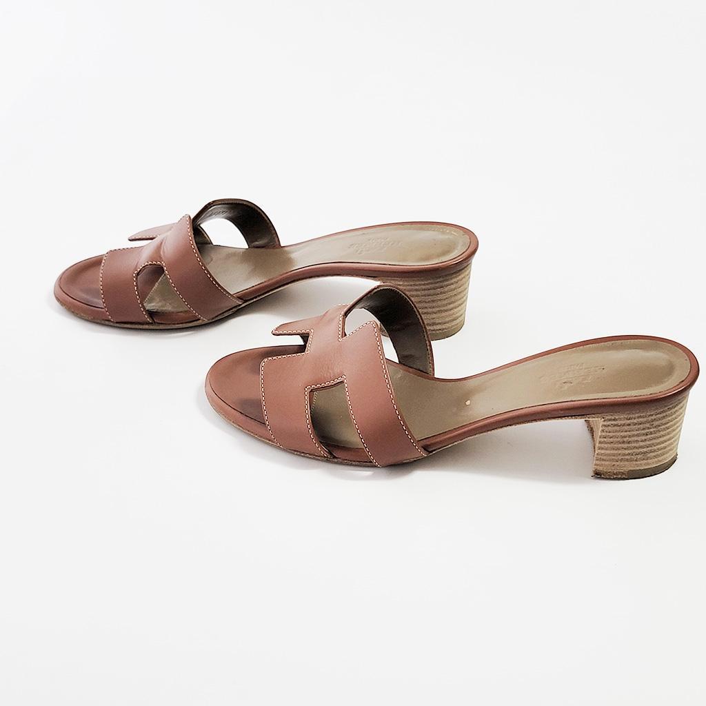 HERMESエルメス オアジスレザーミュール Hモチーフ　ブラウン系36 1/2