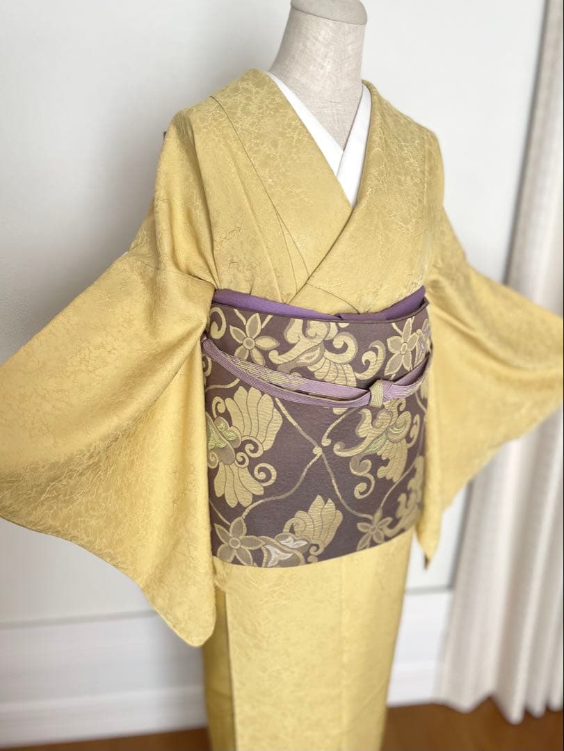 colon様リクエストしつけ付き 黄色色無地 正絹着物 長襦袢 雪輪帯セット