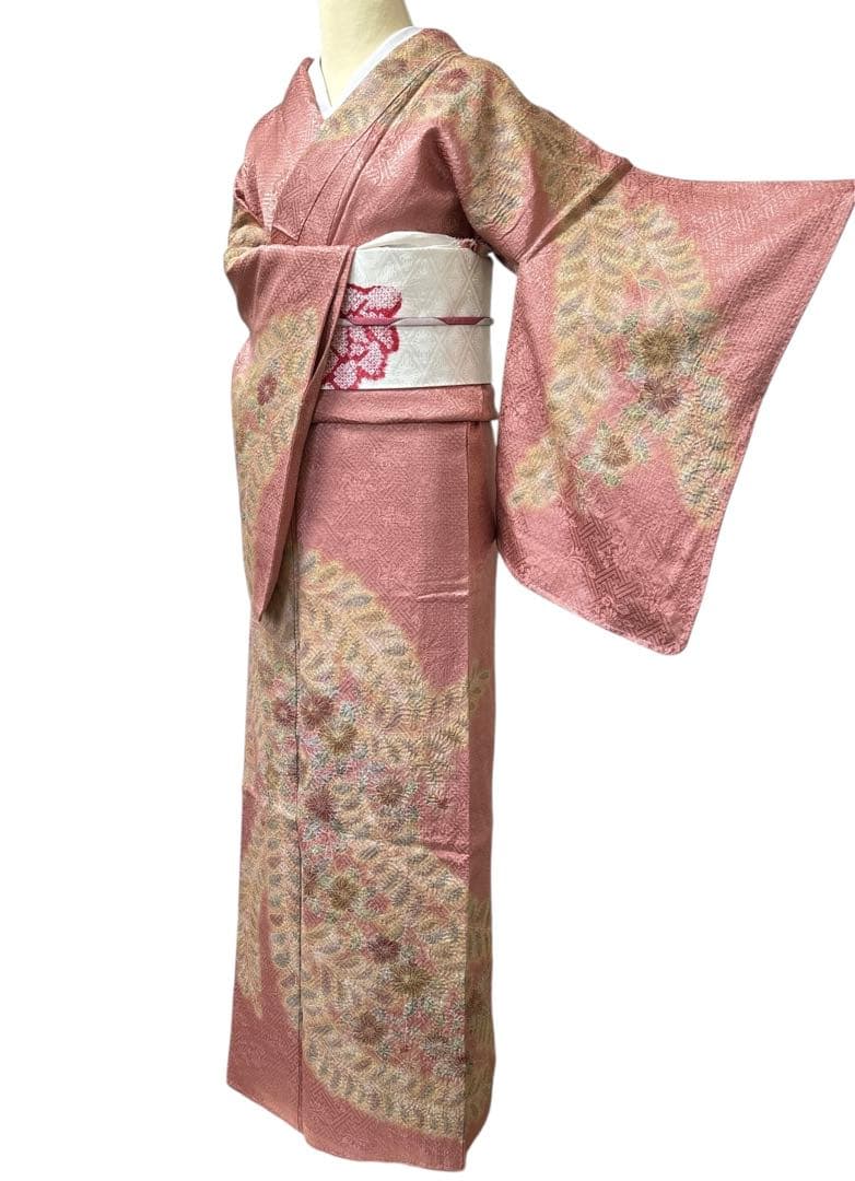 AA8愛華 着物 訪問着　絞り辻け花　曙色 正絹手縫い仕立て　美品