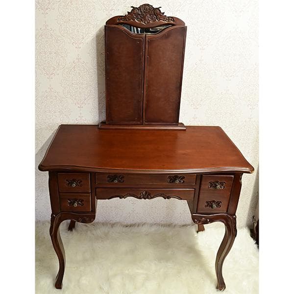 値下げ！ 長い瓶も収納 可マホガニー 三面鏡　ドレッサーデスク ロココ調 お姫様