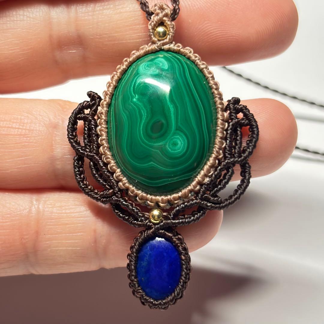 #2080 ♡マラカイト&ラピスラズリ天然石♡マクラメネックレス　ペンダント