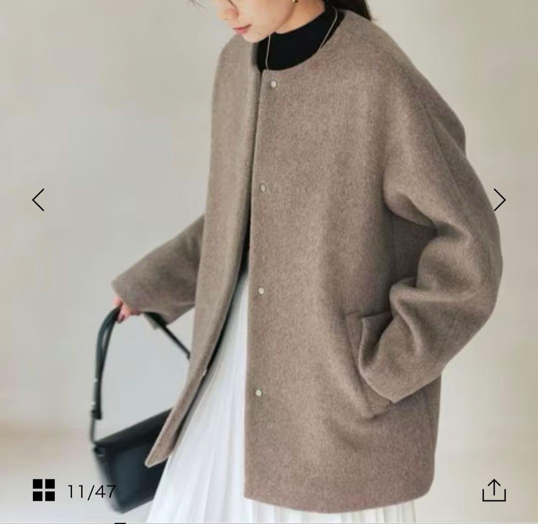 新品　未使用　グリーンレーベル　アンゴラビーバー ノーカラー ミドル コート