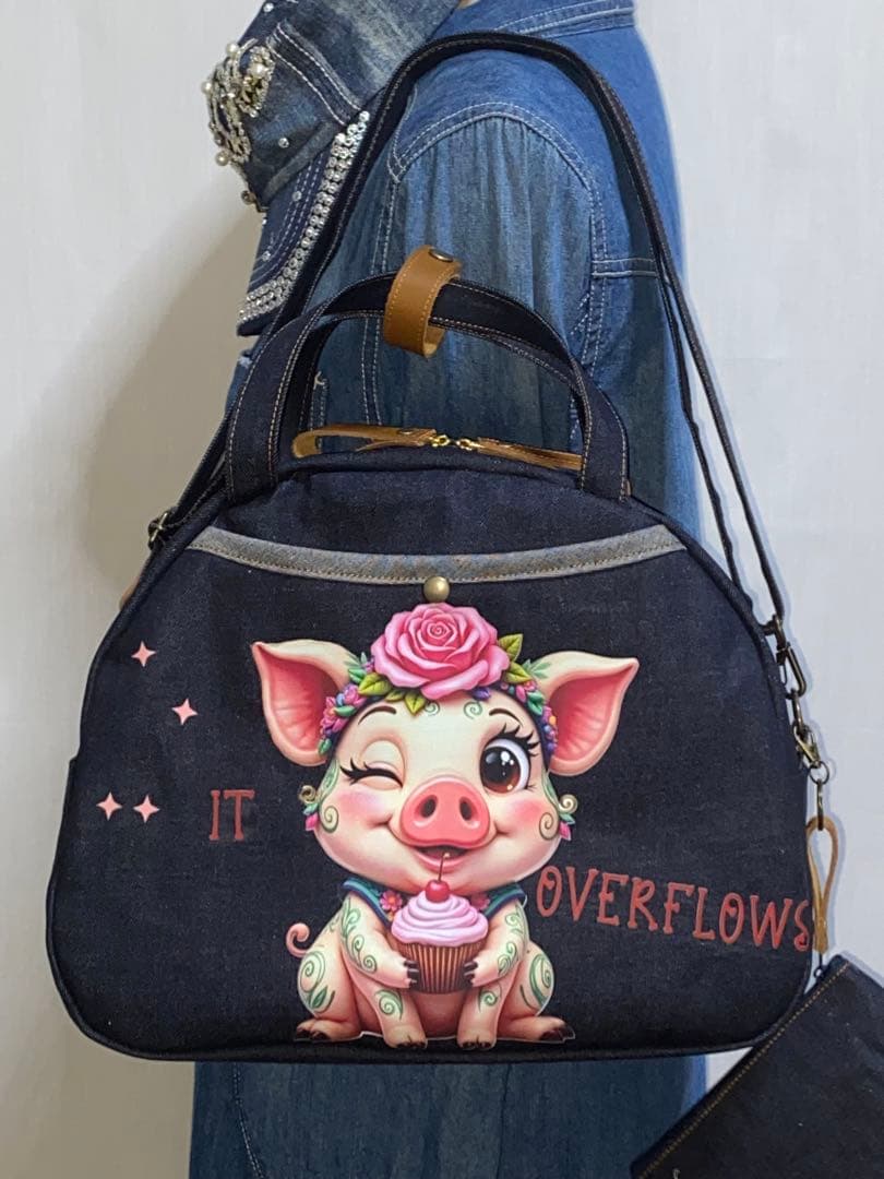 ☆岡山デニム☆ブタさん☆☆扇型☆リュック対応☆4wayボストンバッグ