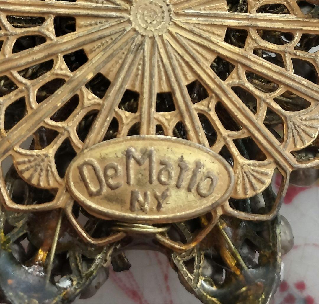 De Marioゴールドパール アンバー色ラインストーン 薔薇の蕾ブローチ 希少