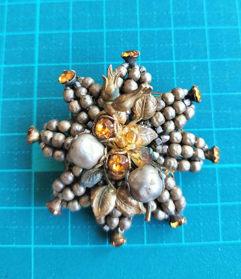 De Marioゴールドパール アンバー色ラインストーン 薔薇の蕾ブローチ 希少
