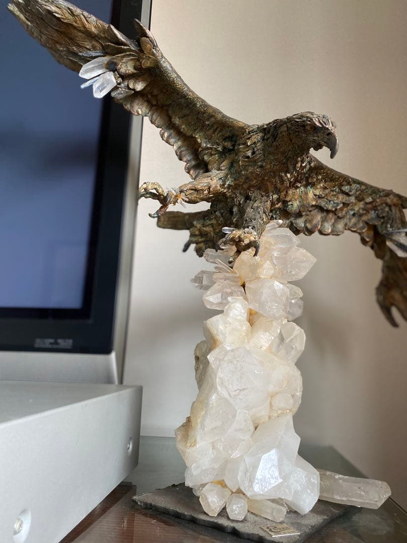 水晶　鉄製イーグル　置物　重量級