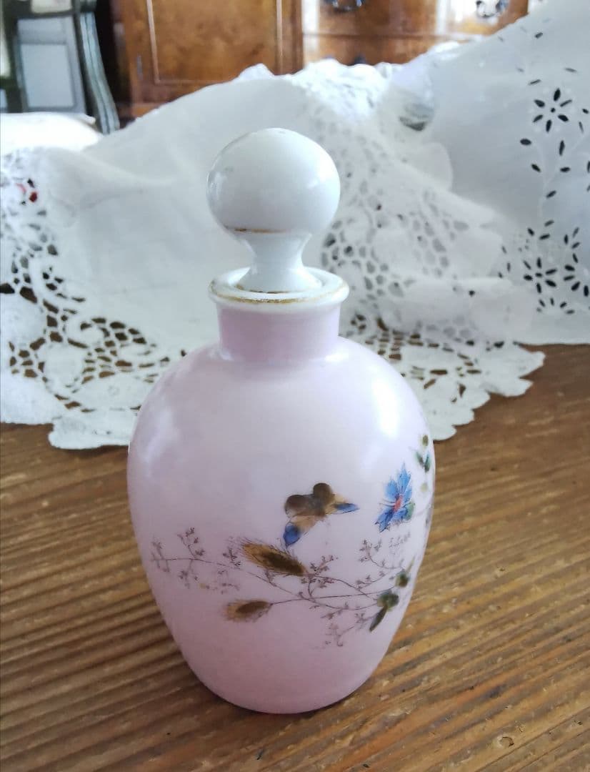 アンティーク リモージュ 手描き野草花瓶 オイル・パフュームボトル ペールピンク