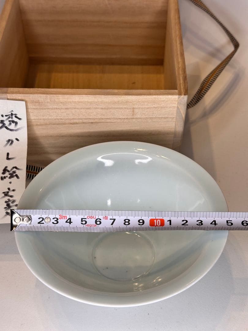 白瓷 暗刻透文 茶盏　春画図　「内府」文字　浮世絵 透かし絵　共箱付　中国古美術