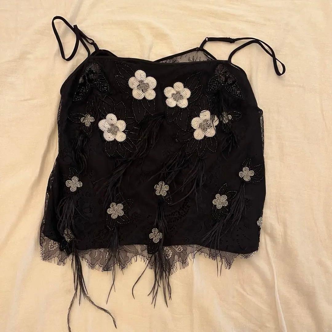 新品未使用sea ny 黒 花柄刺繍 フリンジキャミソール