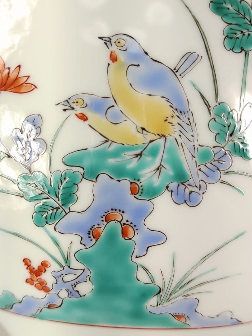 希少 重要無形文化財 中村清六作 有田焼 高麗庵清六窯 白磁錦絵 花鳥紋花瓶