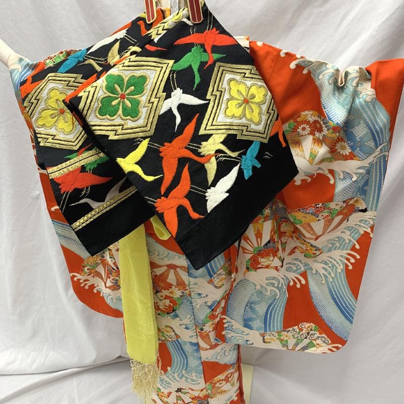 508ag72□七五三 七歳 女児 着物&袋帯&長襦袢 荒波 源氏車□状態良好