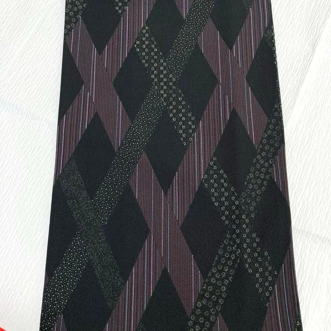 【美品✨】東レシルック　さんび　洗える着物　小紋　黒色　斜格子　大小あられ　H4