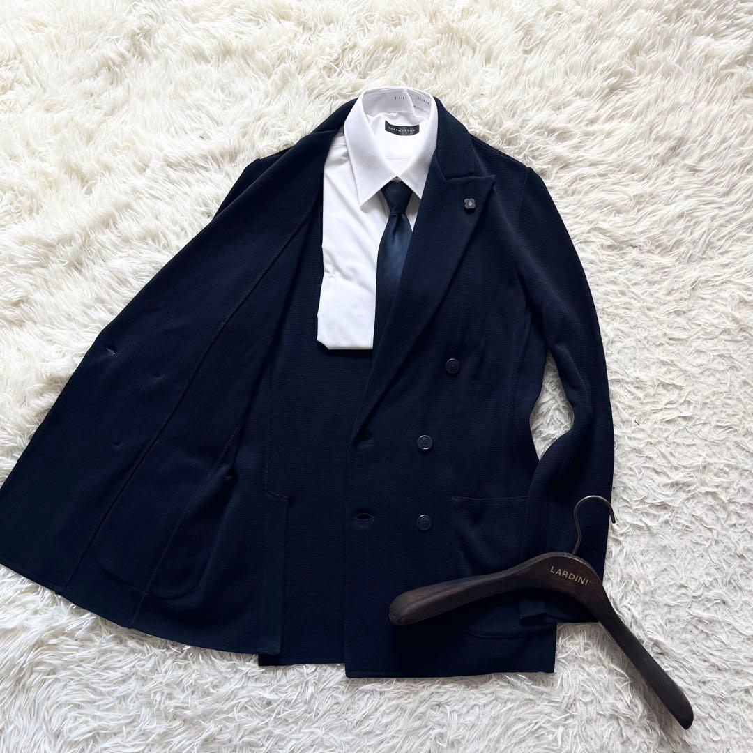 <24ss 極美品>LARDINI ネイビー ダブル ニットジャケットM相当