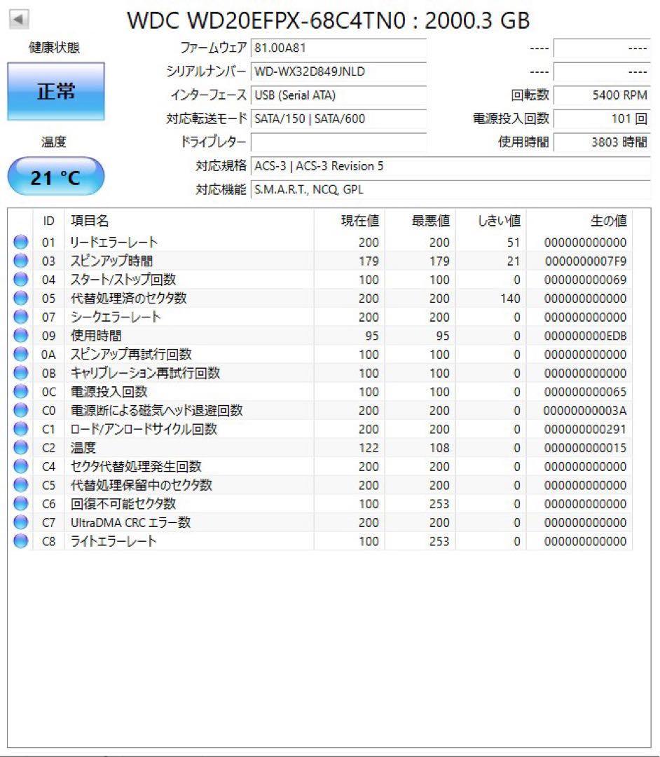 送料無料★使用3803時間★2TB★WD Red Plus