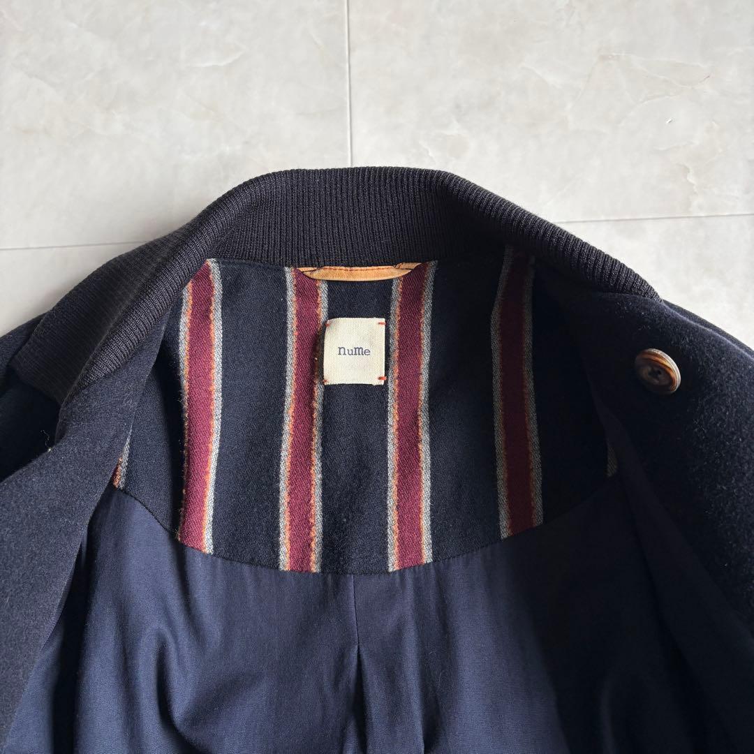 nume ダブルコート ネイビー 2 襟リブ パイピング 上品 ミドル丈