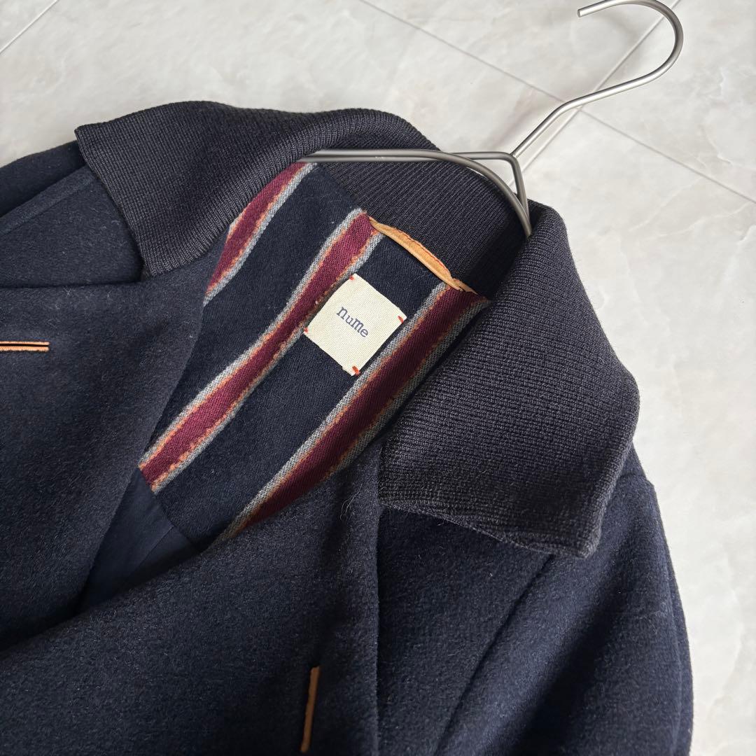 nume ダブルコート ネイビー 2 襟リブ パイピング 上品 ミドル丈