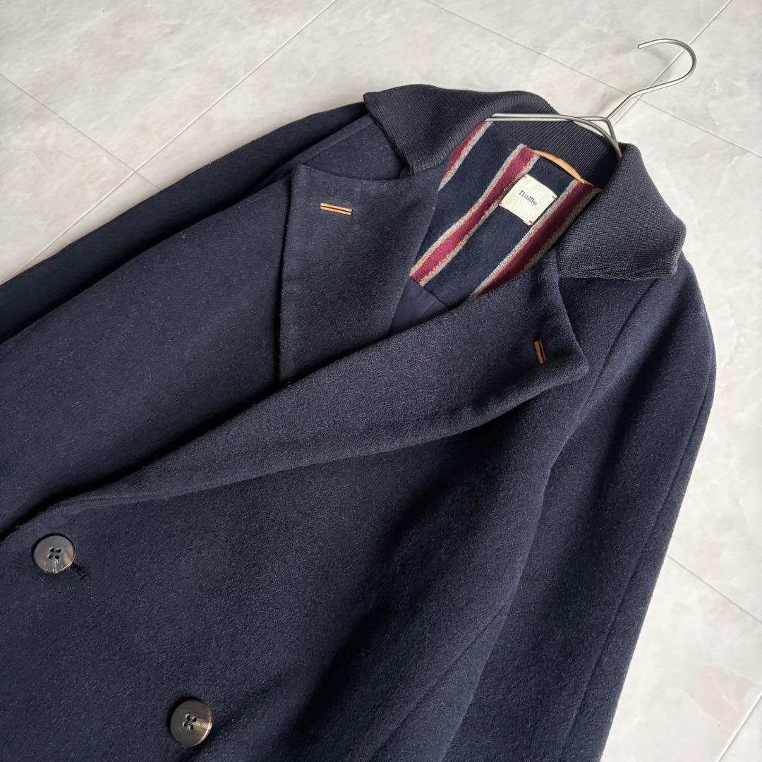 nume ダブルコート ネイビー 2 襟リブ パイピング 上品 ミドル丈