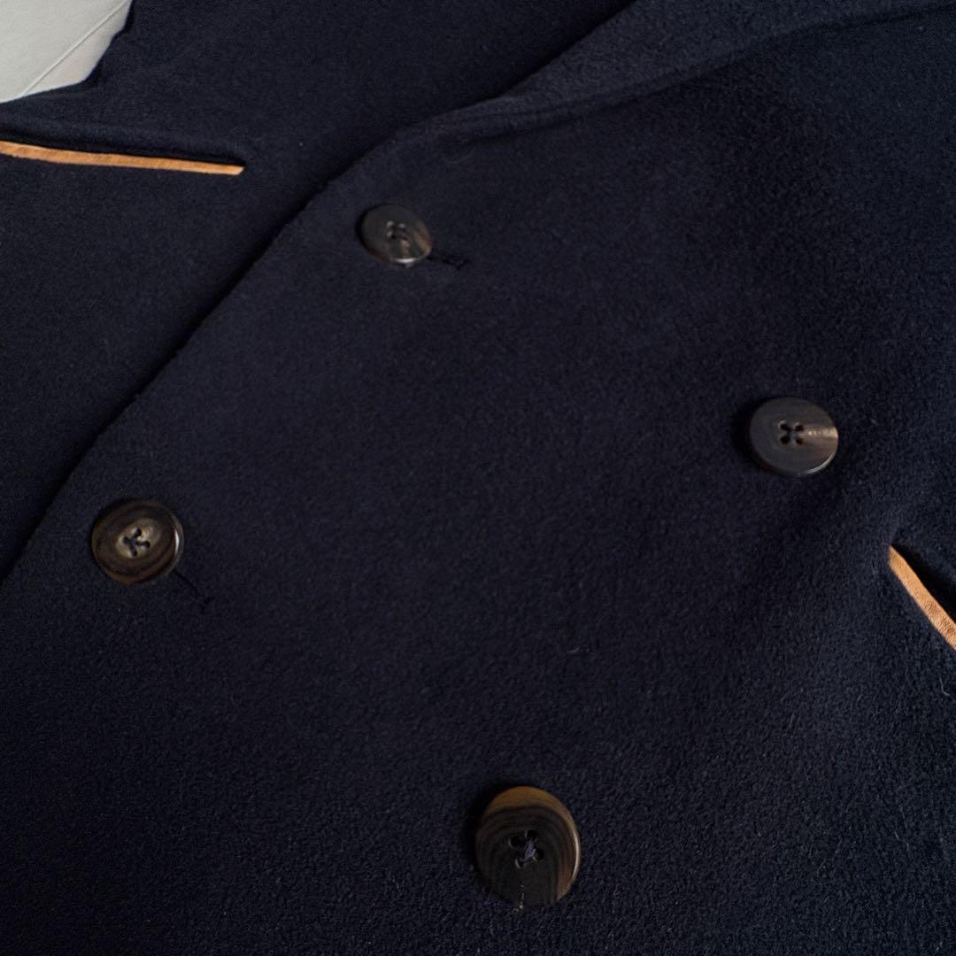 nume ダブルコート ネイビー 2 襟リブ パイピング 上品 ミドル丈
