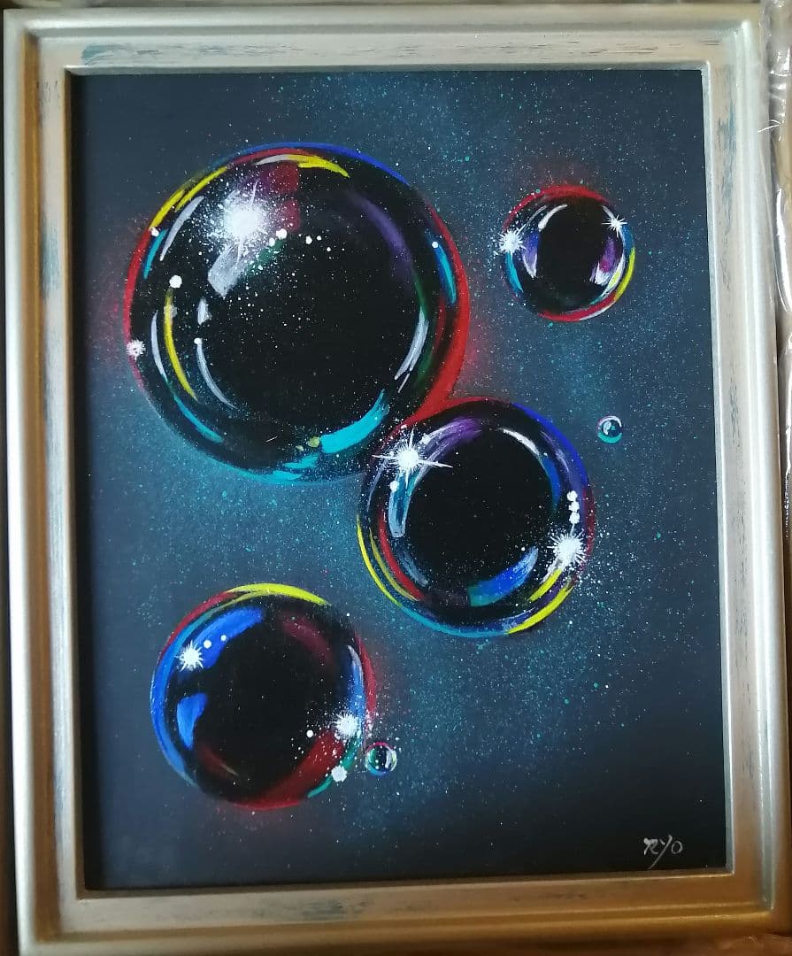 絵画　アクリル絵　額縁　ボード　シャボン玉