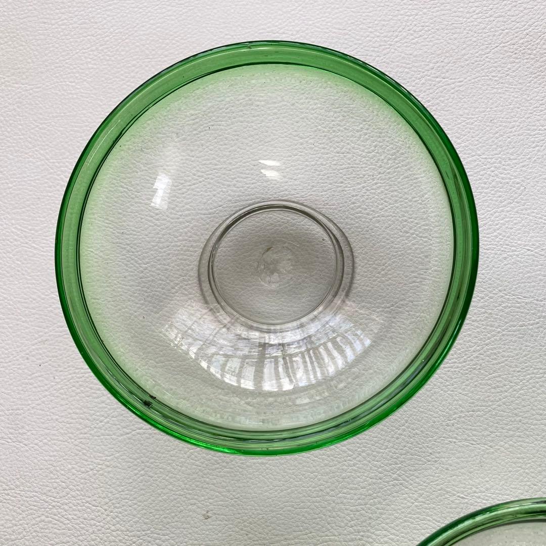 古いガラス鉢 かき氷 カップ ボウル 食器 花器 グリーン 3点 骨董 レトロ
