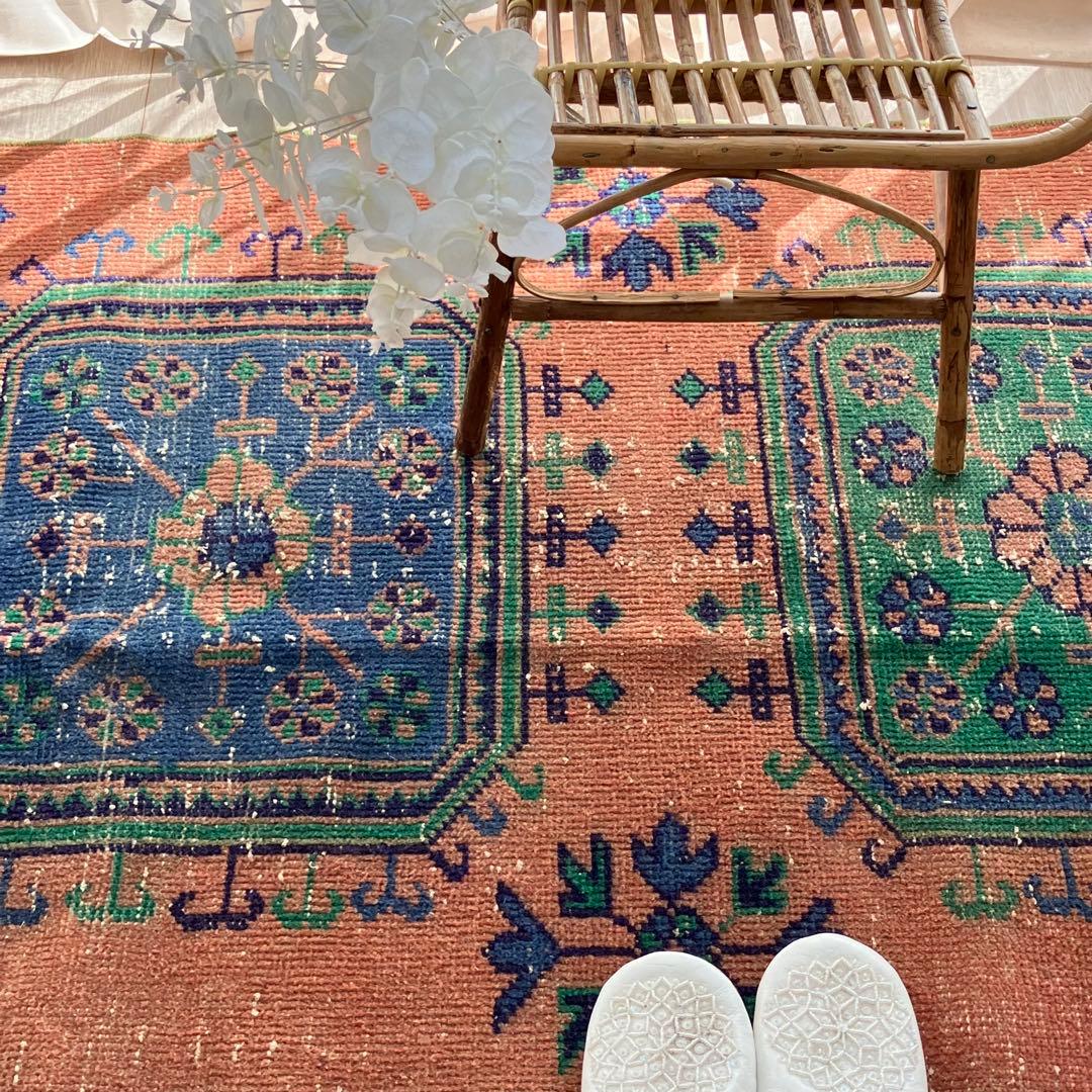 レア✳︎３m60 魔除デザイン84×360オレンジランナー　トルコヴィンテージラグ