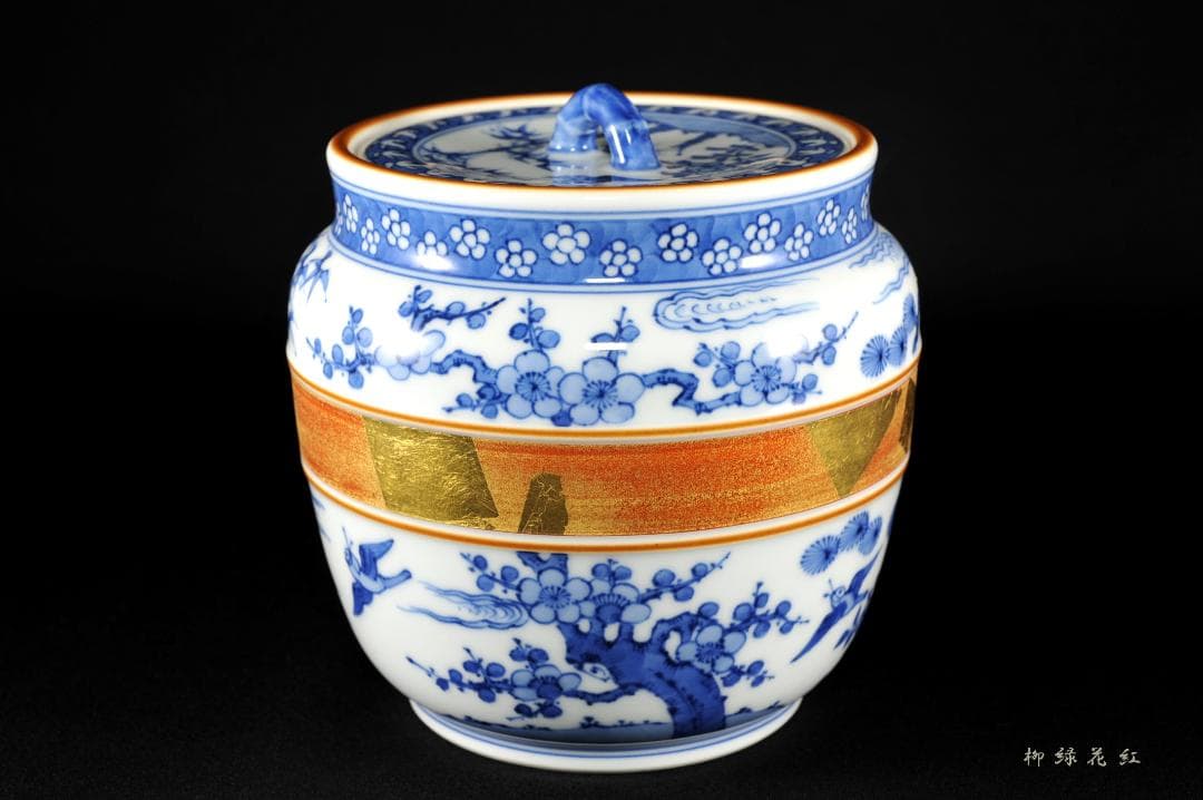 五代 三浦竹泉 祥瑞 松竹梅花鳥 水指 共箱 茶道具