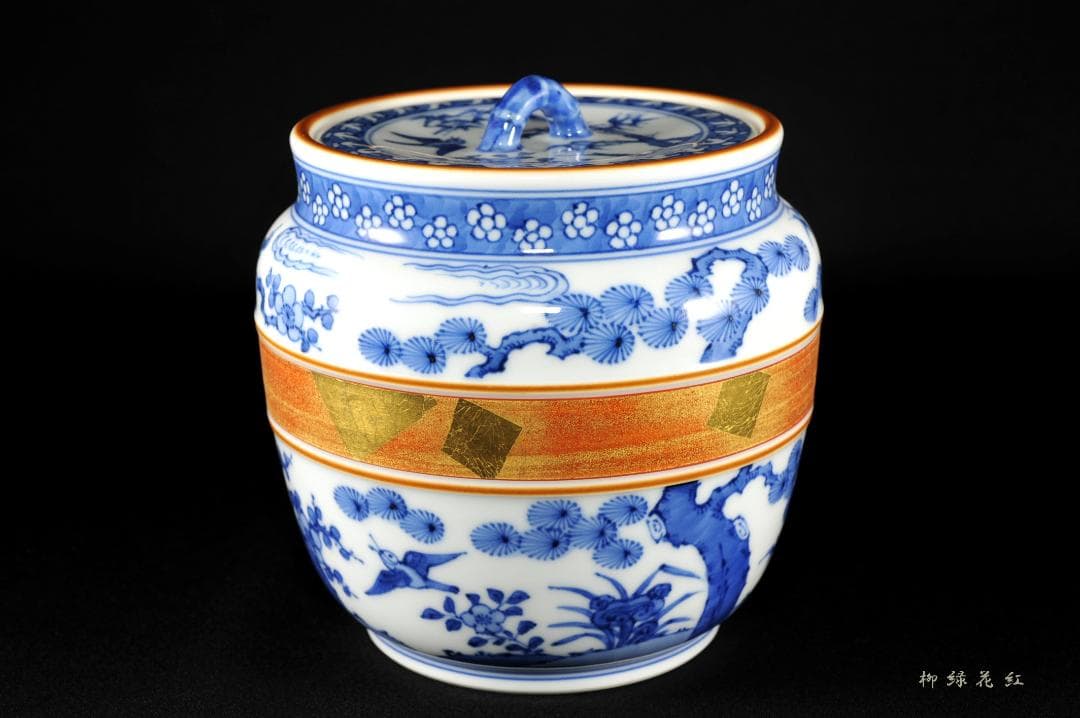 五代 三浦竹泉 祥瑞 松竹梅花鳥 水指 共箱 茶道具